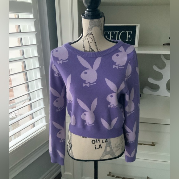 PLAYBOY Purple Knit Graphic Sweater Women’s Size Small - Picture 4 of 12